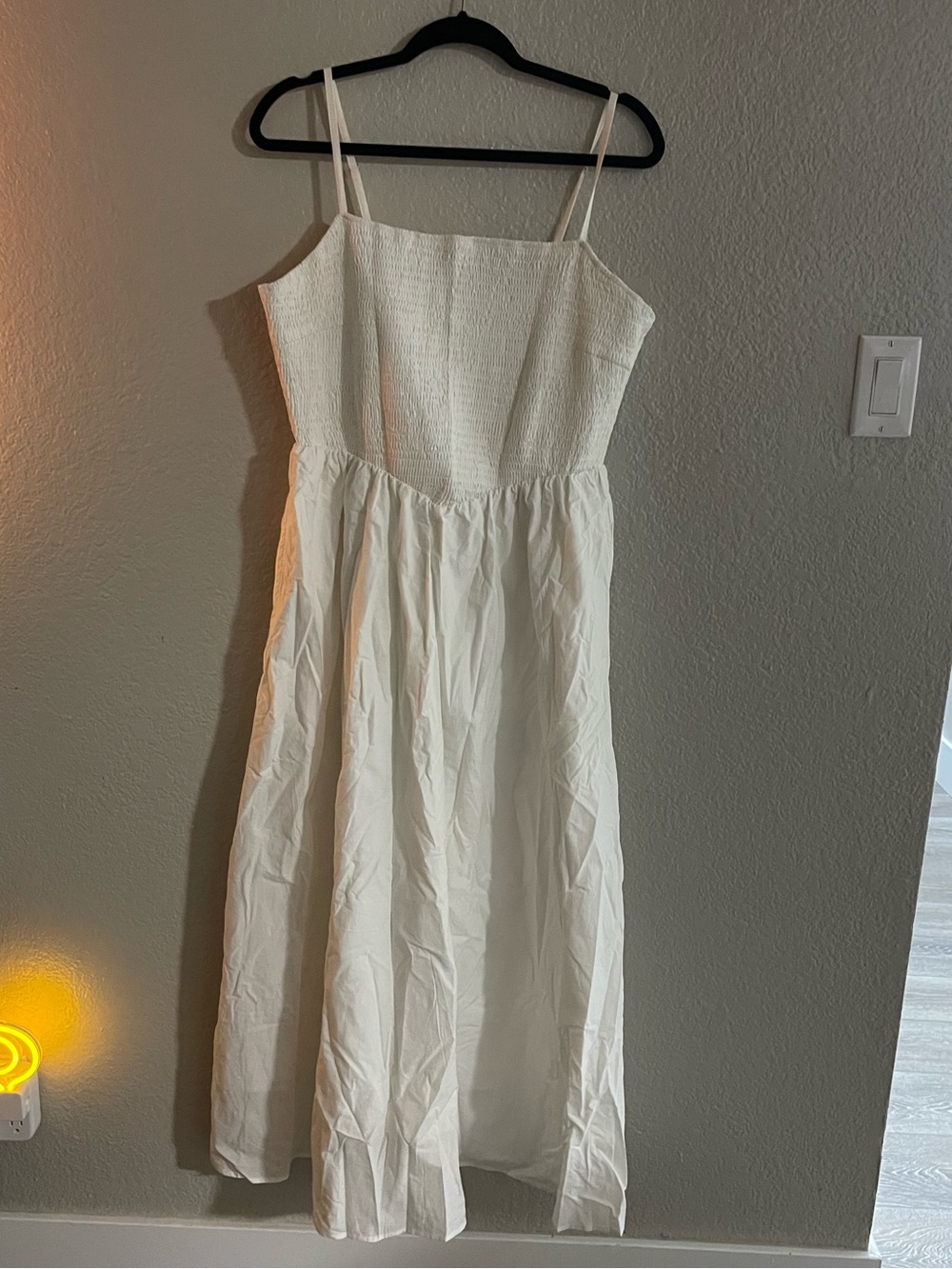 Women's White Smocked Bodice Maxi Dress with Spaghetti Straps
